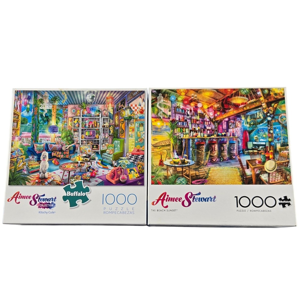 Lot 2 Buffalo Aimee Stewart 1000 Piece Puzzles Kitschy Cute Tiki Beach Sunset